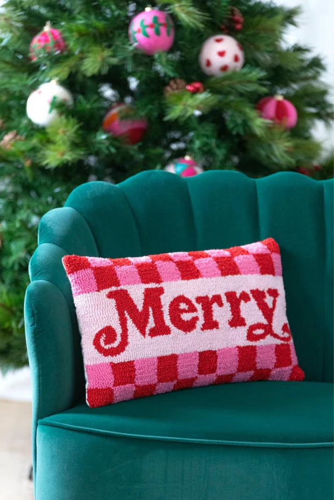 Merry Pink + Red 20"x12" Pillow that's perfect for the holiday season! It's bright, fun, and has the coziest fabric. 
