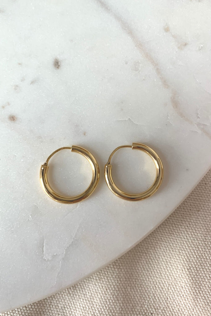 A classic style with delicate detailing, these 14K gold-dipped small hoops are perfect for everyday wear. Hypoallergenic and lightweight, they're a delicate piece to add to any ensemble.