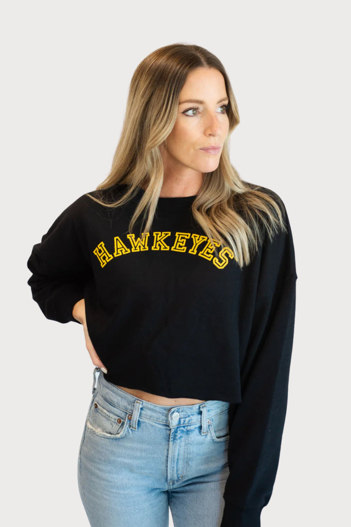 The Iowa Velvet Elvis Cropped Crewneck is cute, soft, and perfect for any Hawkeye fan!! Semi-cropped, this crewneck pullover has a very trendy fit. On the inside, it is so soft and cozy. Snag this for yourself or your favorite Iowa fan for an amazing game day look. 