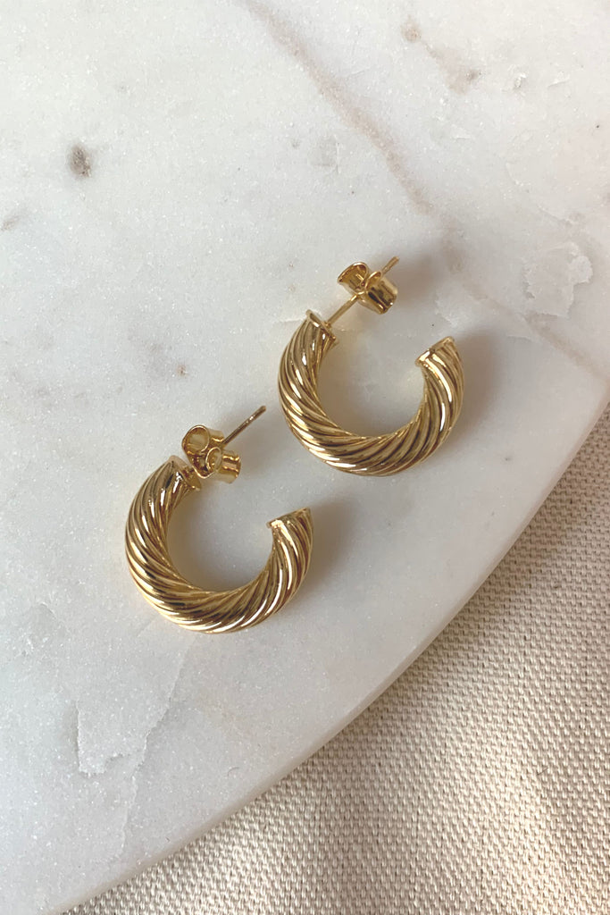 Make a statement with these luxurious 14k gold-plated hoop earrings with a distinctive twisted design. Hypoallergenic and lead and nickel free, these earrings will be a fashionable and comfortable part of any look.