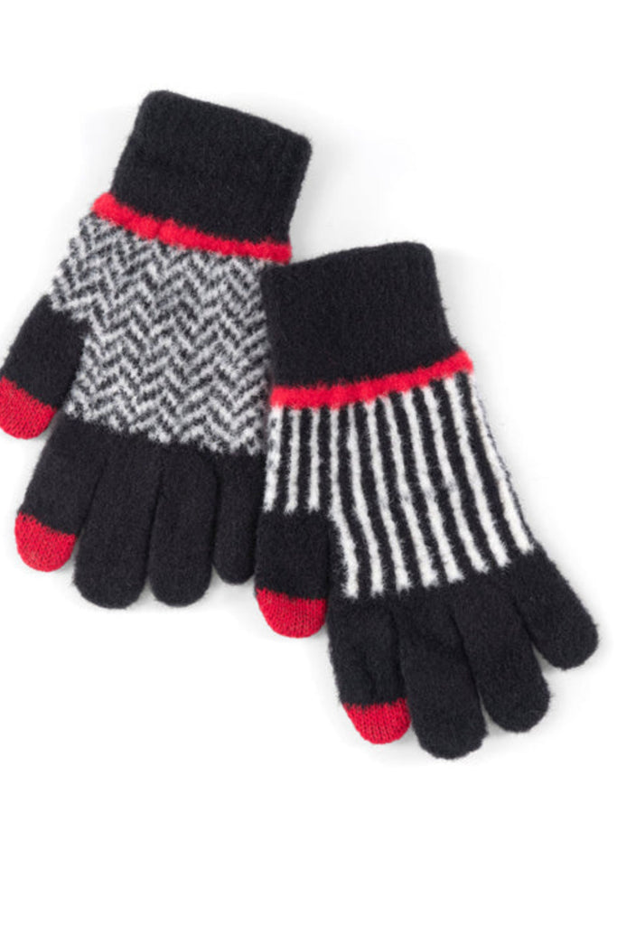 Spruce up your cold weather accessories with Shiraleah's Bowie Touchscreen Gloves. These gloves feature a cozy material in a trendy stripe and zigzag pattern. Made from nylon, polyester, and elastane with a functional touch screen compatible fingertip detail