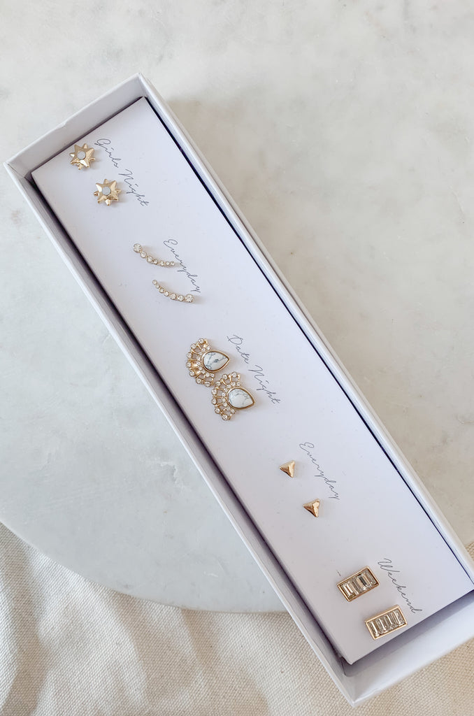 This Boxed Set of 5 Stud Earrings is the perfect way to show your affection! Each set comes with five stud earrings of different styles, so you can mix and match depending on the day. It's perfect for any gift-giving occasion, these stunning gold studs will make a statement no matter who's receiving them.