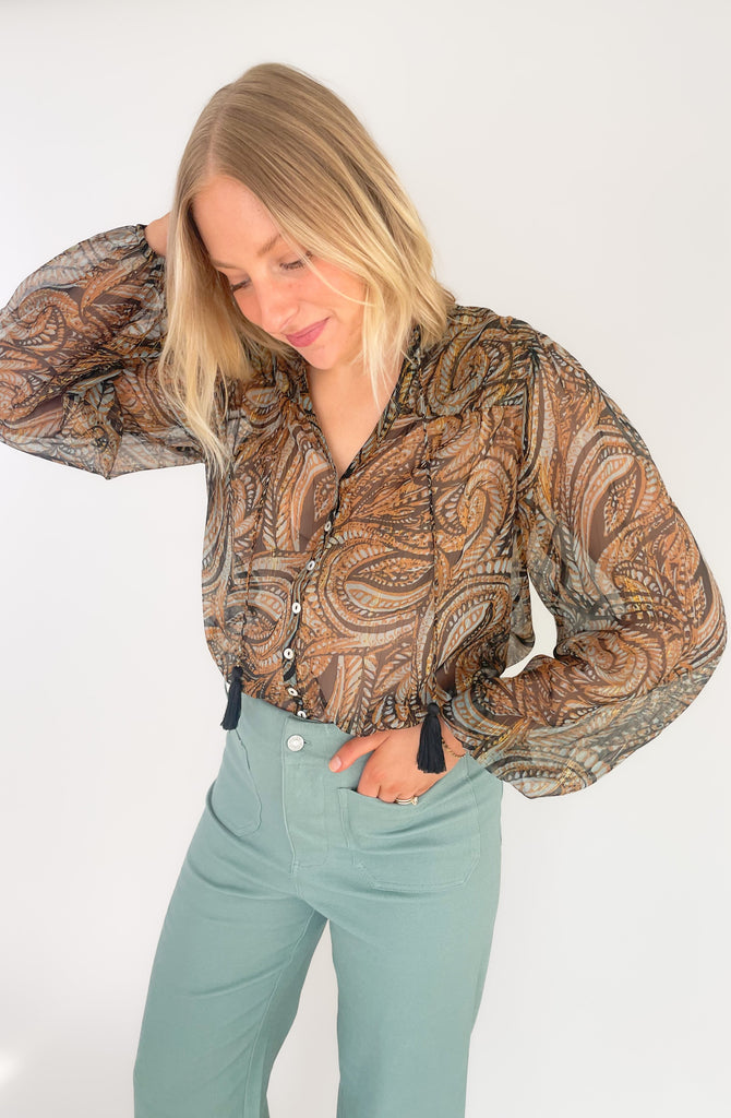 Elan v neck paisley blouse with tassel ties