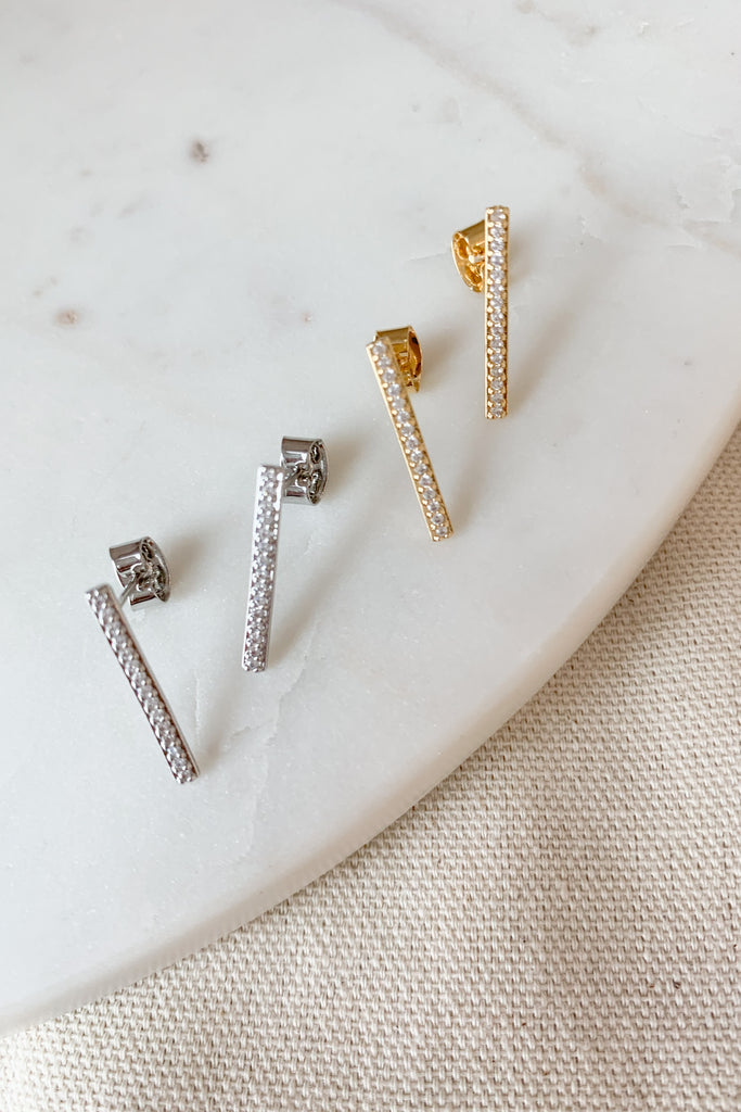 The CZ Small Bar Earring Studs are elevated, lightweight, and have just the right amount of sparkle! These earrings can be worn everyday or for special events. Versatile and easy, yes please! 