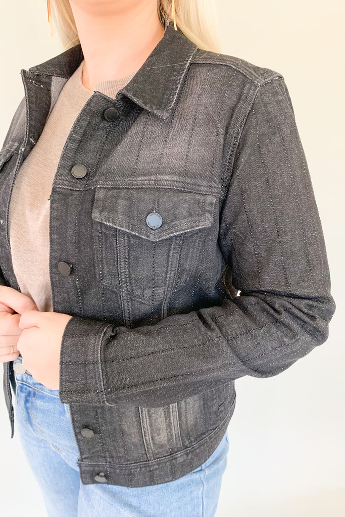The Liverpool Classic Denim Jacket in Crystalline is so fun! If you love classic staples like a denim jacket, but also love to stand out with unique style, this jacket is for you! It combines both classic and elevated elements, especially with the special black faded wash. The crystal details are right on trend too! 