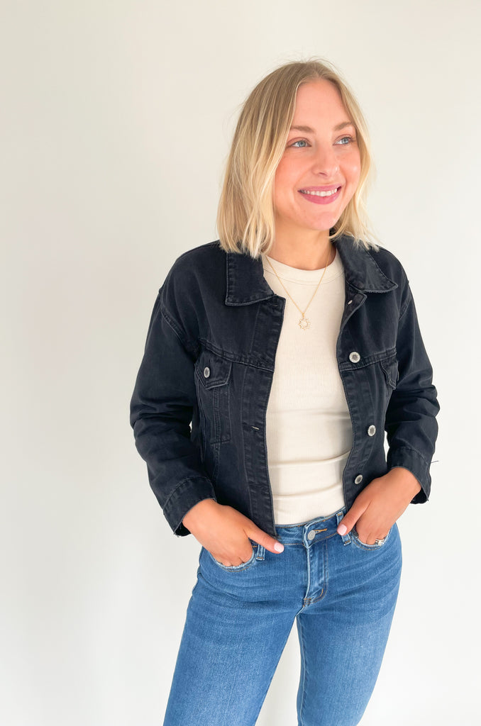Feel like your best self while rocking this Dee Distressed Relaxed Denim Jacket! This fun denim jacket features long sleeves and a semi-cropped fit, plus raw hem details add a trendy touch to any outfit. It's the perfect weight that can be worn spring-fall, so you will get tons of wear out of it.