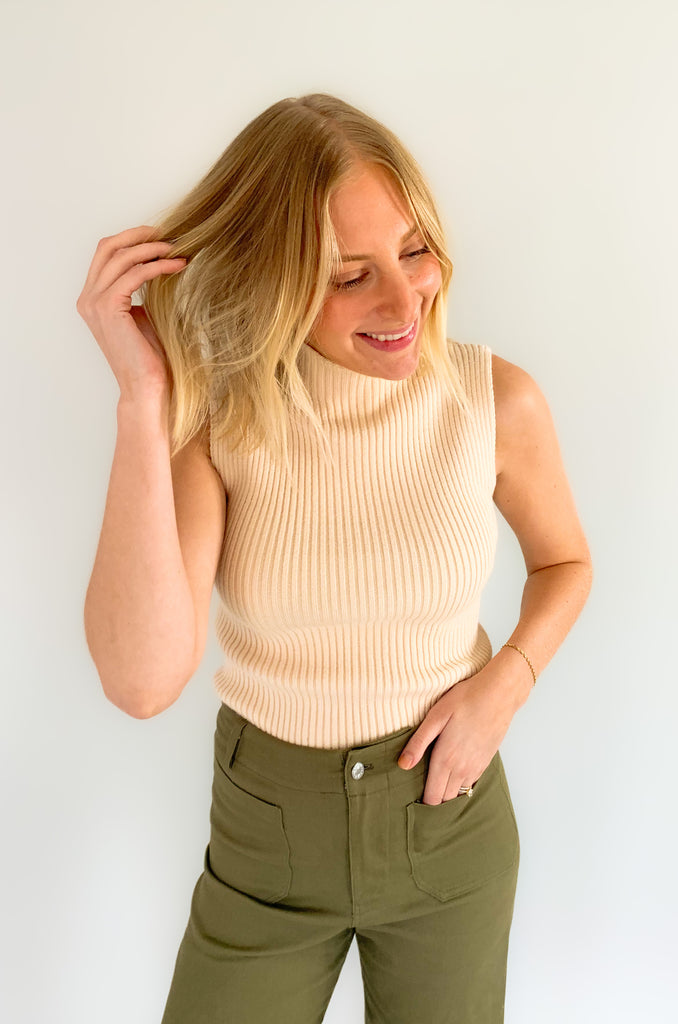 sleeveless mock neck soft, stretchy sweater