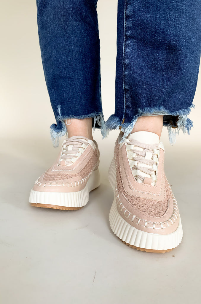 chunky Sneaker with lace knit detailing that's a dolce vita dupe. Available in pink and ivory