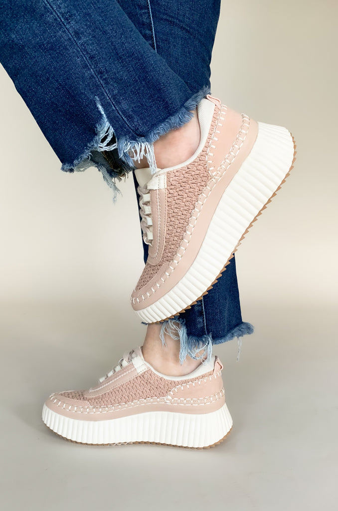 chunky Sneaker with lace knit detailing that's a dolce vita dupe. Available in pink and ivory