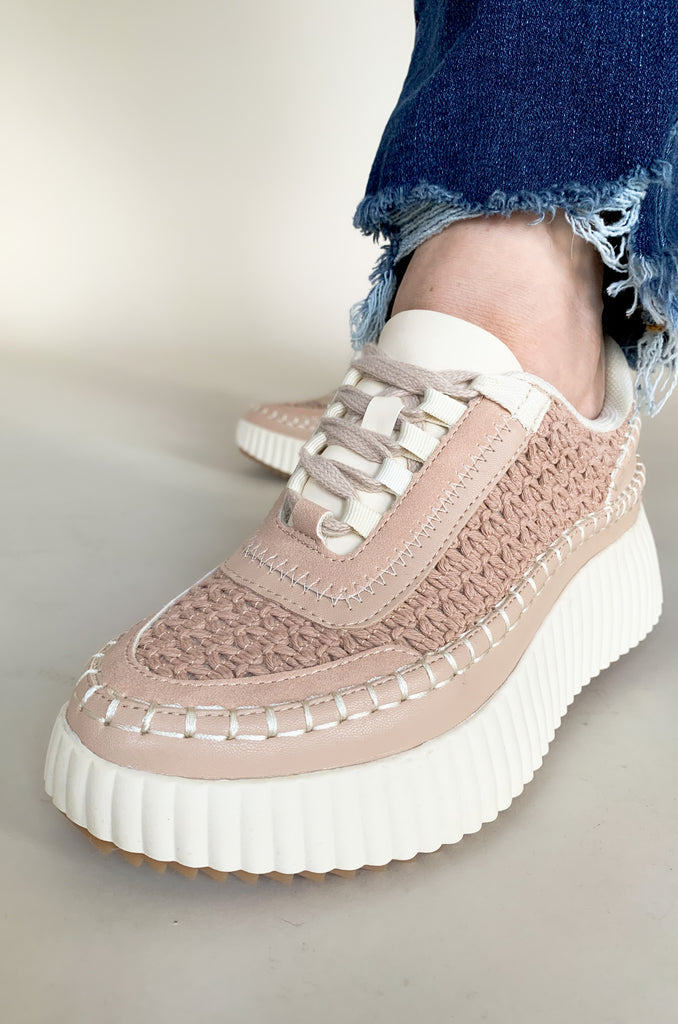 chunky Sneaker with lace knit detailing that's a dolce vita dupe. Available in pink and ivory