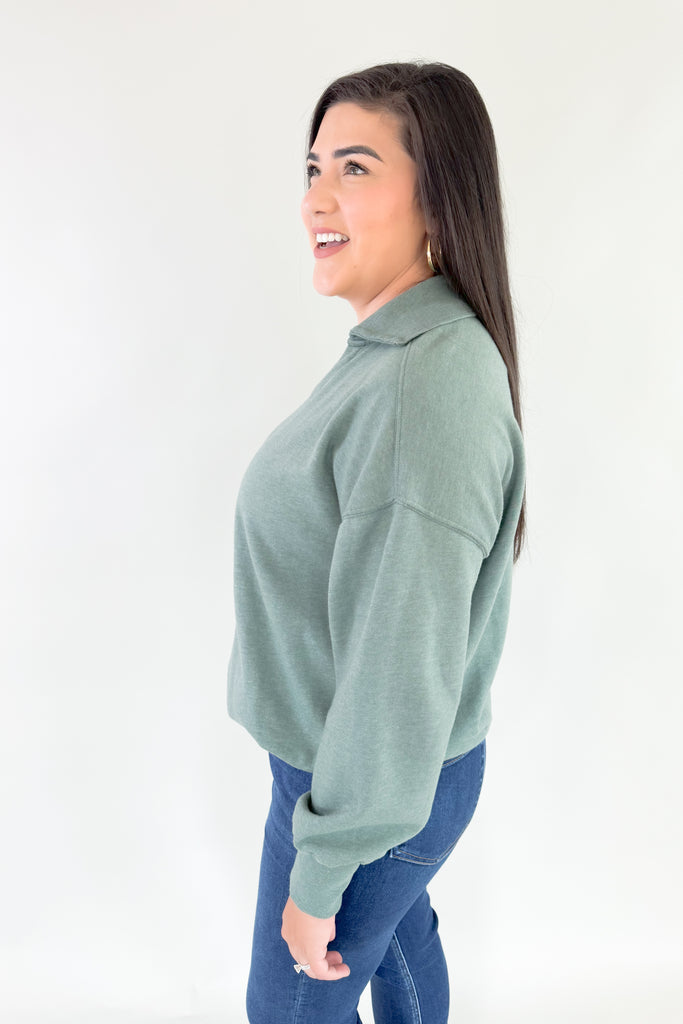 organic cotton soft fleece pullover with v neckline and collared details