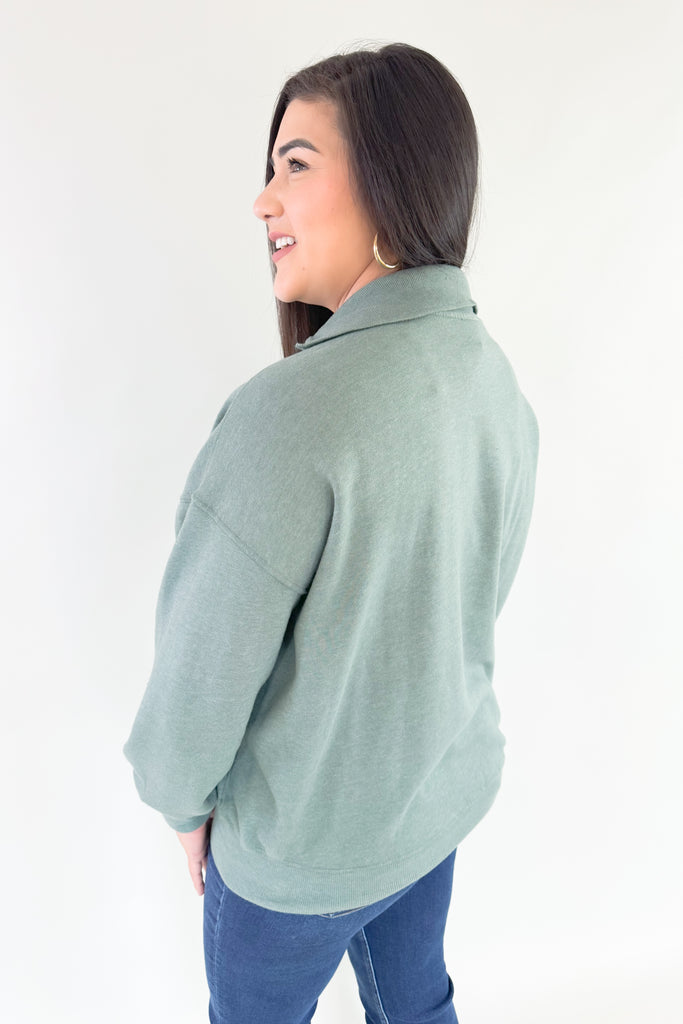 organic cotton soft fleece pullover with v neckline and collared details