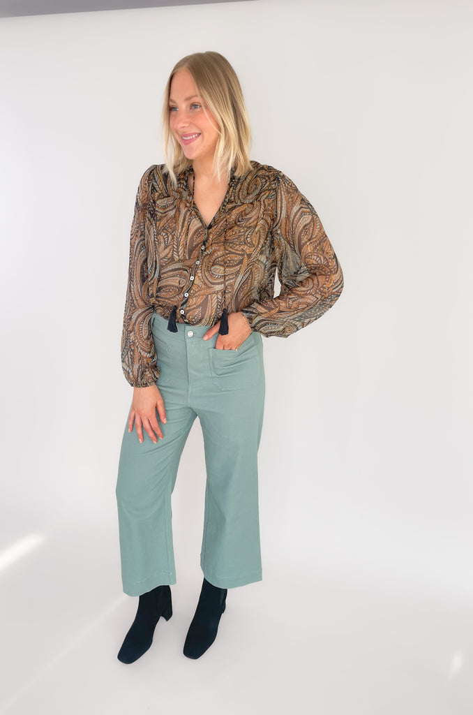 Elan v neck paisley blouse with tassel ties