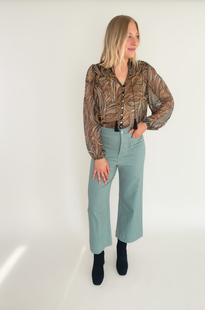 Elan v neck paisley blouse with tassel ties