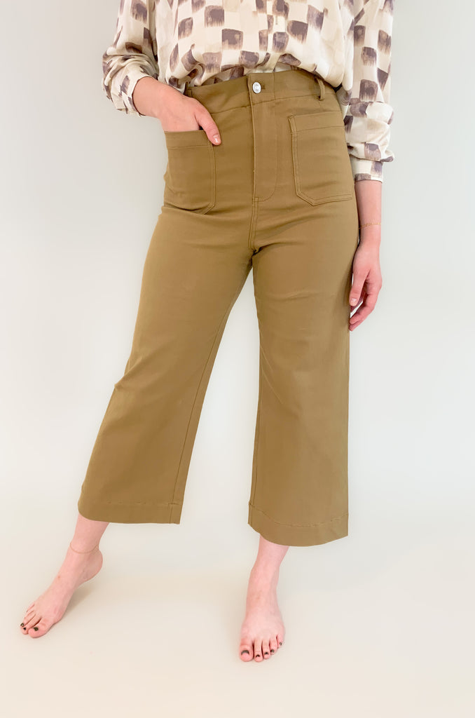 ultra high rise, wide leg colored pants with two front 70s inspired pockets- colors sage, coco, olive, dusty pink, black, and magenta