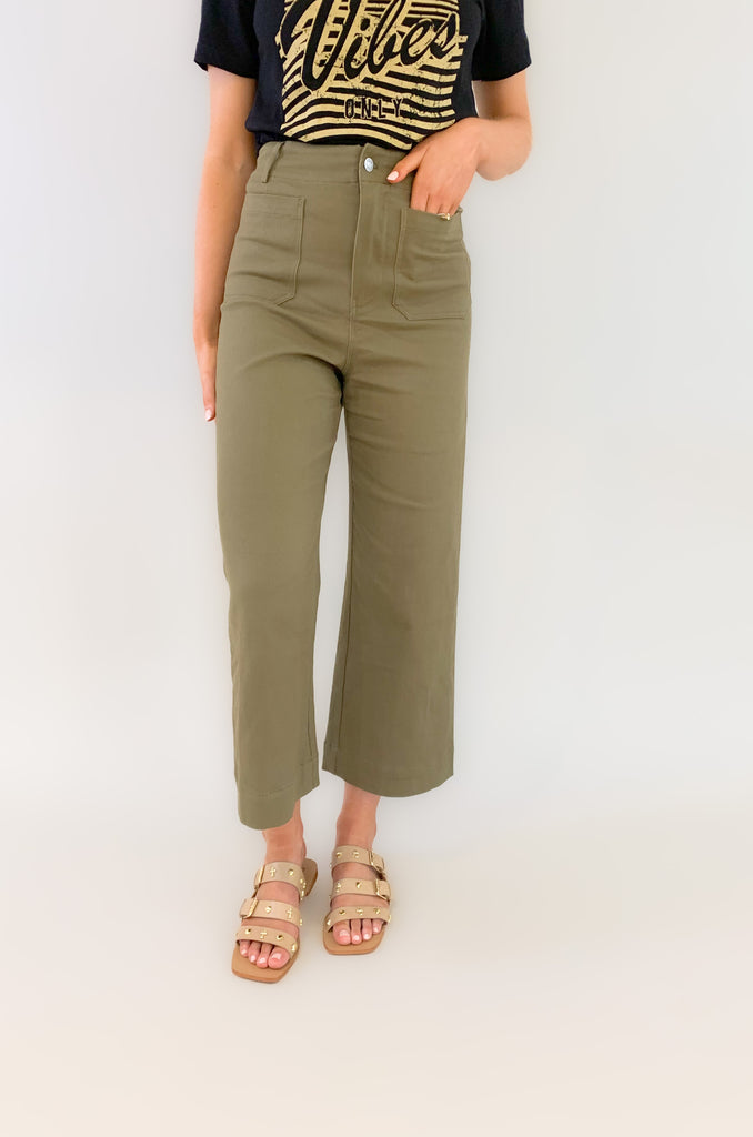 ultra high rise, wide leg colored pants with two front 70s inspired pockets- colors sage, coco, olive, dusty pink, black, and magenta