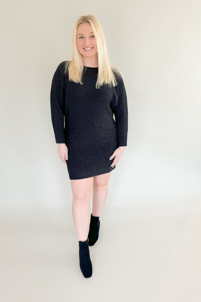 Look and feel elegant without the fuss in our new Eve Black Lurex Sweater Dress! It's perfect for work & holiday parties, but also is super comfortable and easy. Elevated stretch makes this dress a must-have for your winter wardrobe. We love the silver lurex details too. 