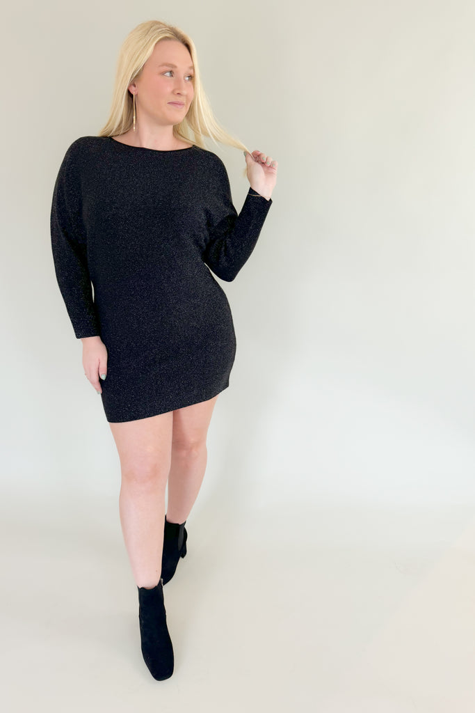 Look and feel elegant without the fuss in our new Eve Black Lurex Sweater Dress! It's perfect for work & holiday parties, but also is super comfortable and easy. Elevated stretch makes this dress a must-have for your winter wardrobe. We love the silver lurex details too. 