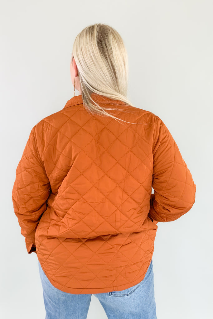 Stay comfortable and stylish in the Everly Snap Button Quilted Jacket! Crafted for medium to light-weight wear, this stylish copper jacket features a quilted design, snap front buttons, and two front pockets, plus additional side pockets for all your belongings.