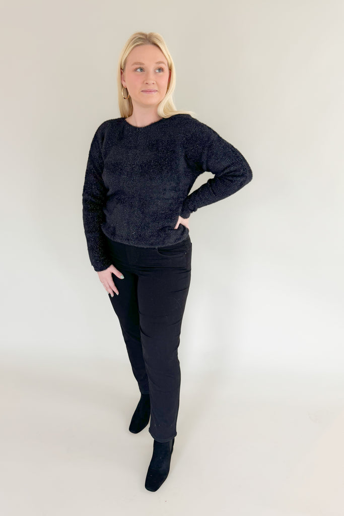 Classic sweaters like this Faith Fuzzy Round Neck Black Lurex Sweater are great to have on hand during the holiday season. Quality fabric and soft knit construction ensures comfort while eye-catching lurex adds subtle sparkle. It looks elevated without the fuss! 