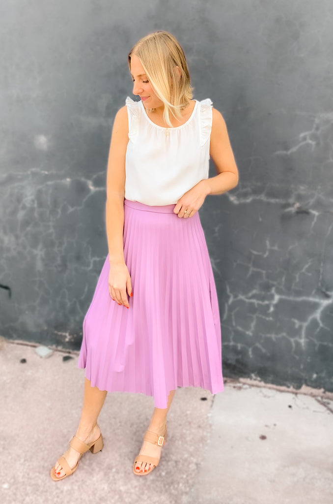 Lavender faux leather pleated mini skirt with side zipper and fabric lined