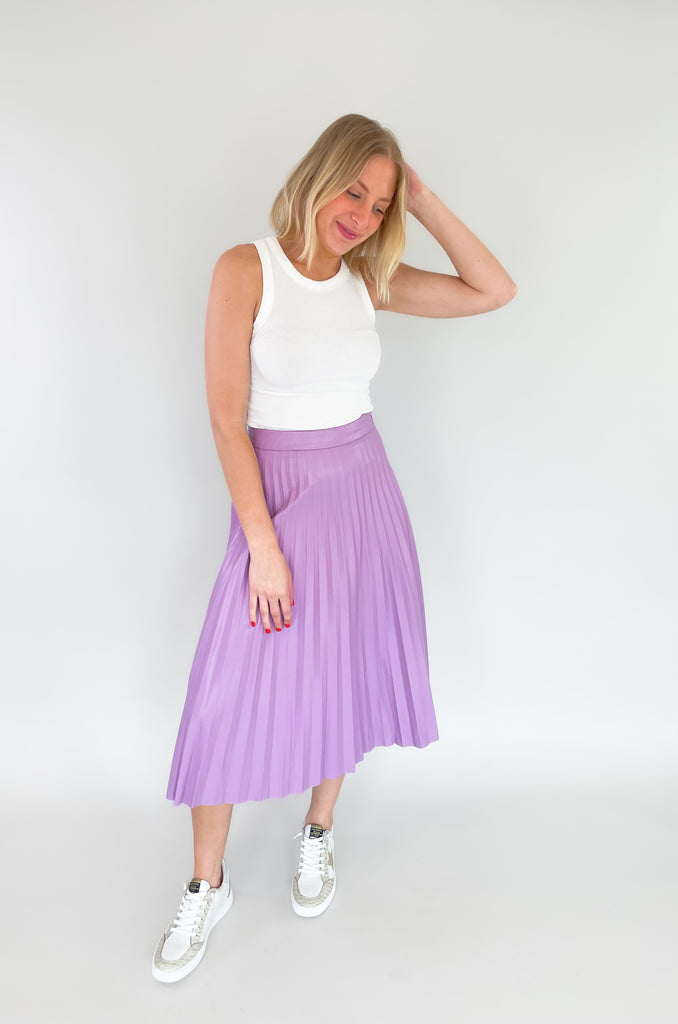 Lavender faux leather pleated mini skirt with side zipper and fabric lined