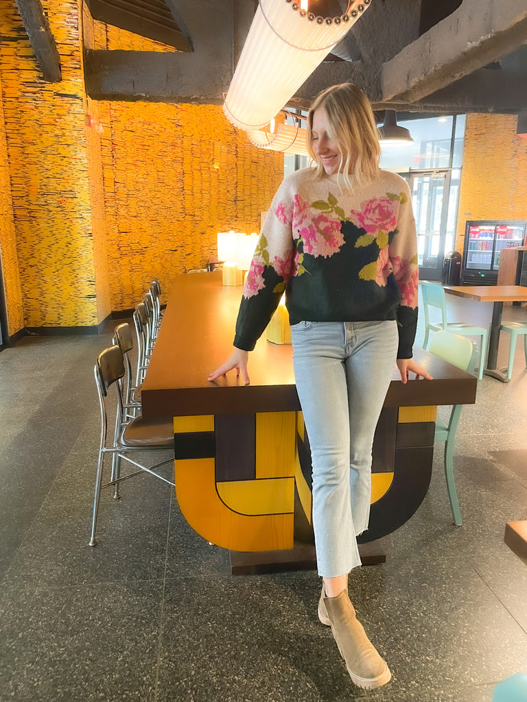 Stay warm and stylish in this Floral Print Colorblock Sweater! Crafted with a soft and cozy fabric, this sweater is perfect for chilly fall days. The unique color-blocking and floral print adds a special touch to your style.
