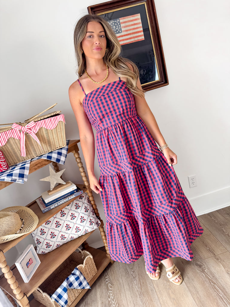 red and navy maxi dress Short-Sleeved Classic Shirtwaist Maxi Dress in Navy/Red Embroidered Gingham