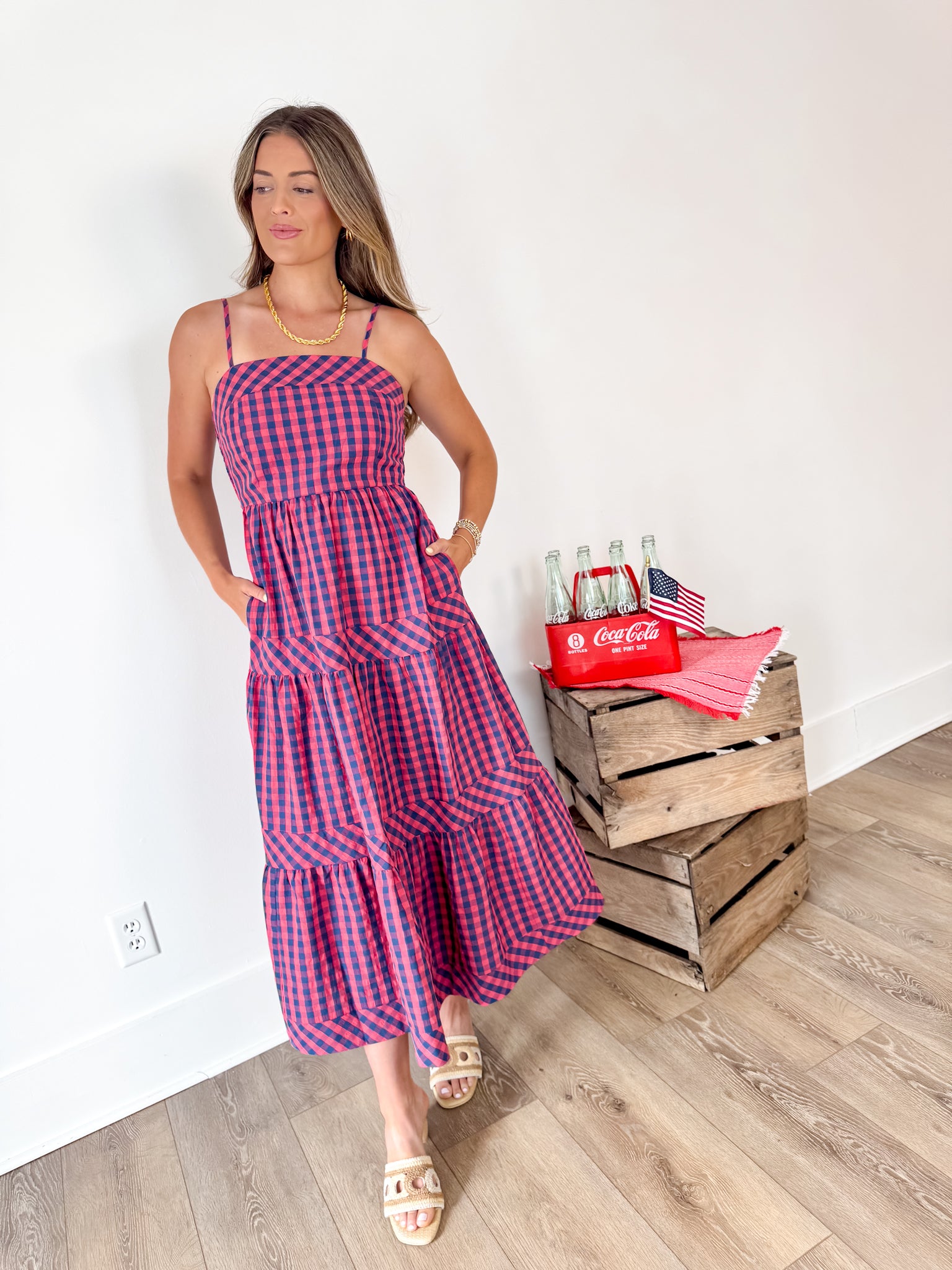 red gingham maxi dress Linen Margo 33 CARE Hand Wash Cold Summer Red Gingham Ruffle Sleeveless