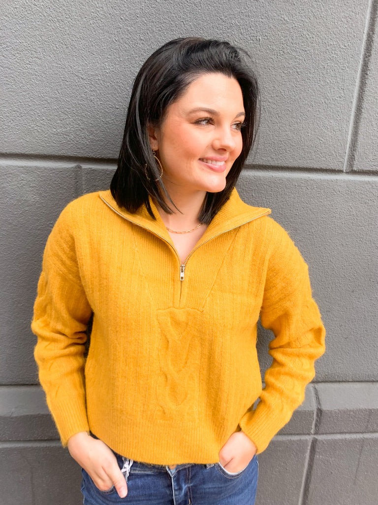 Molly bracken saffron yellow cable knit quarter zip sweater with collar