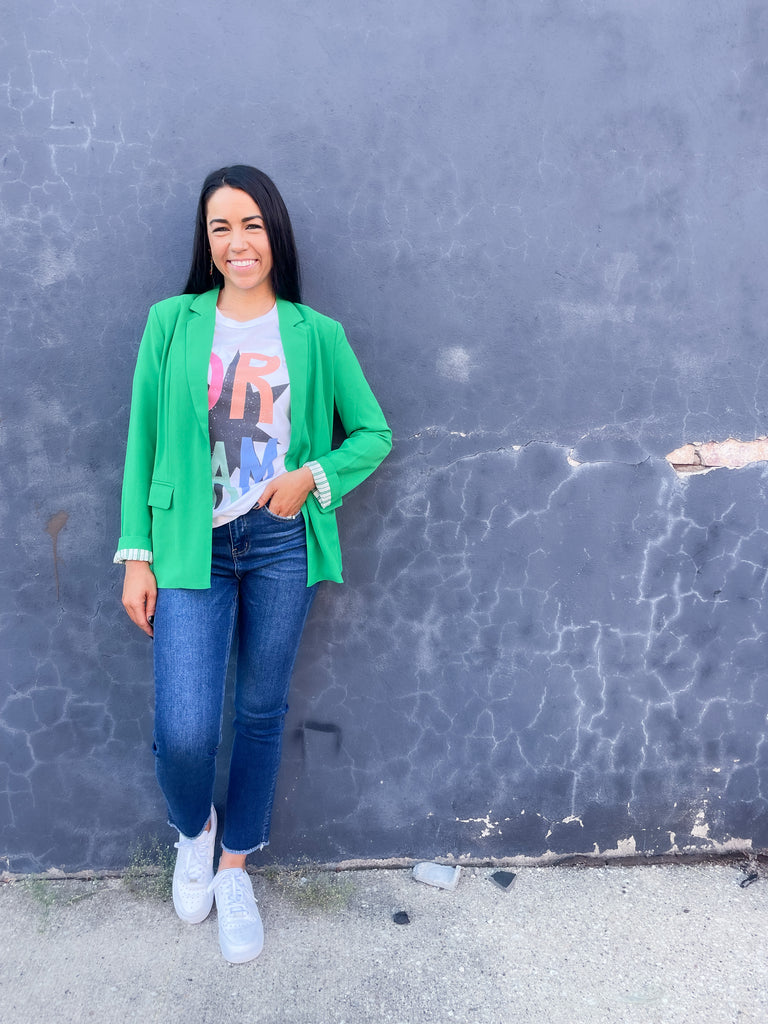 skies are blue long sleeve welt pocket blazer with silky floral or stripe printed lining. Available in hyper pink, Kelly green, or sun kissed orange.