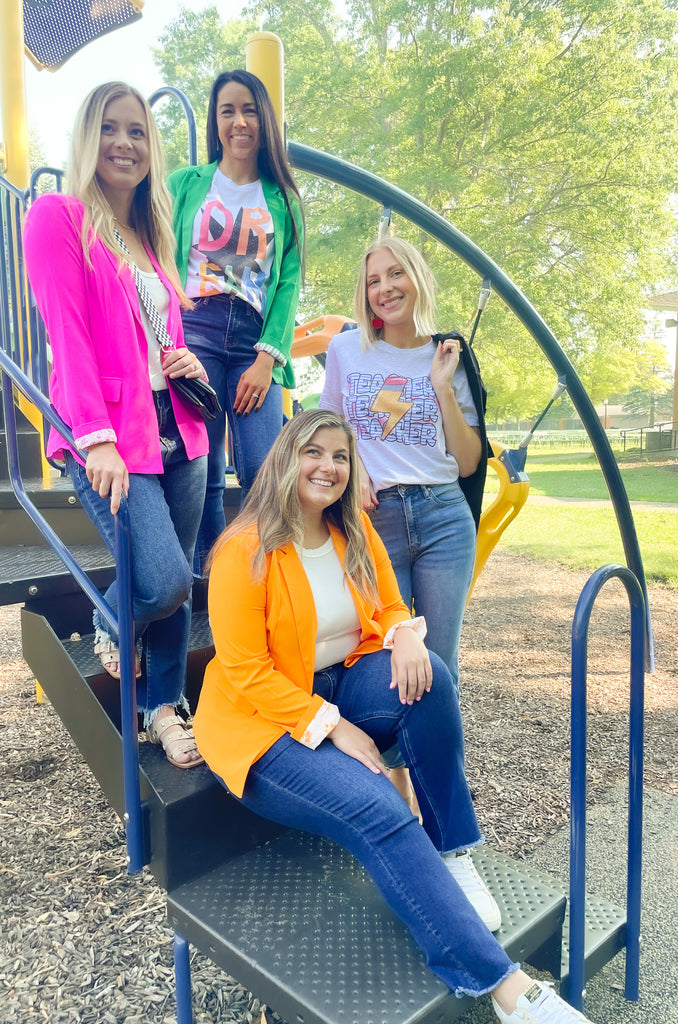 skies are blue long sleeve welt pocket blazer with silky floral or stripe printed lining. Available in hyper pink, Kelly green, or sun kissed orange.