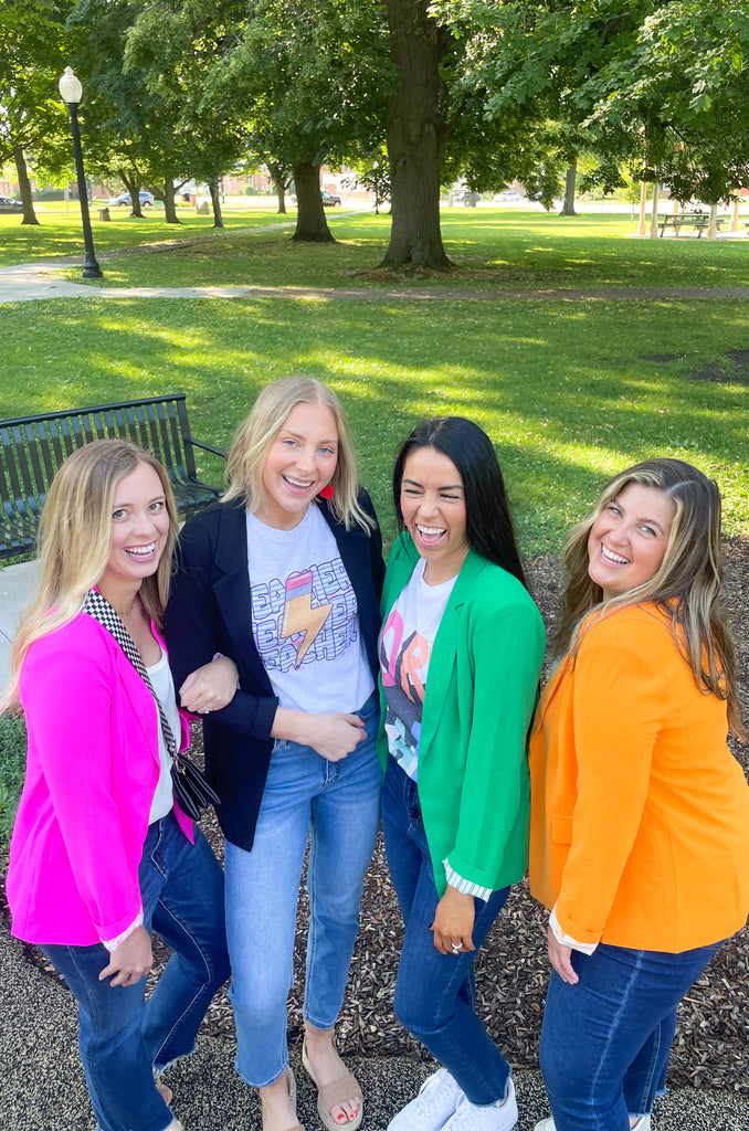 skies are blue long sleeve welt pocket blazer with silky floral or stripe printed lining. Available in hyper pink, Kelly green, or sun kissed orange.