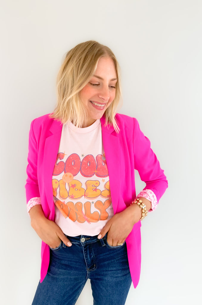 skies are blue long sleeve welt pocket blazer with silky floral or stripe printed lining. Available in hyper pink, Kelly green, or sun kissed orange.