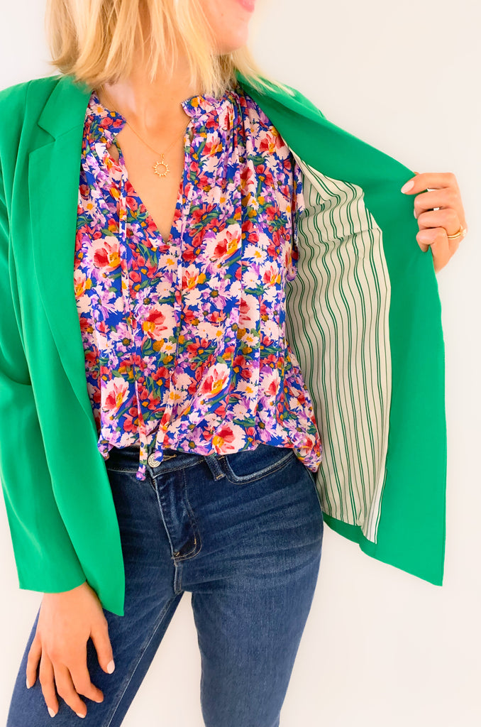 skies are blue long sleeve welt pocket blazer with silky floral or stripe printed lining. Available in hyper pink, Kelly green, or sun kissed orange.
