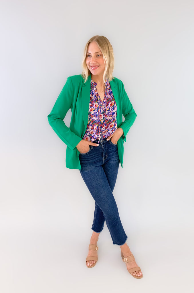 skies are blue long sleeve welt pocket blazer with silky floral or stripe printed lining. Available in hyper pink, Kelly green, or sun kissed orange.
