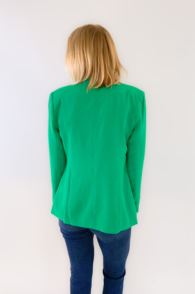 skies are blue long sleeve welt pocket blazer with silky floral or stripe printed lining. Available in hyper pink, Kelly green, or sun kissed orange.