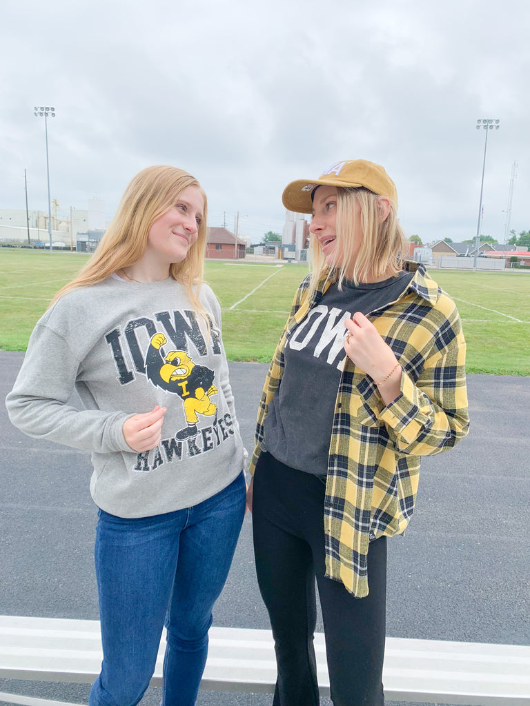 soft university of iowa Hawkeye collegiate game day graphic crewneck with jerky the hawk mascott