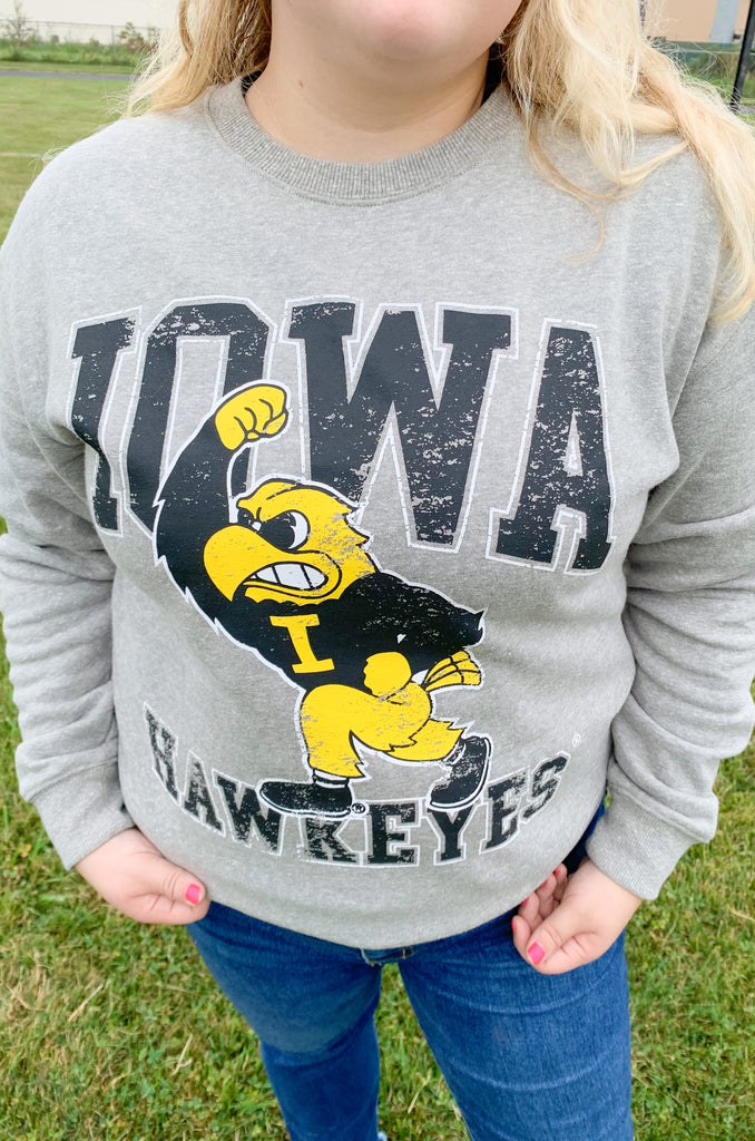 soft university of iowa Hawkeye collegiate game day graphic crewneck with jerky the hawk mascott