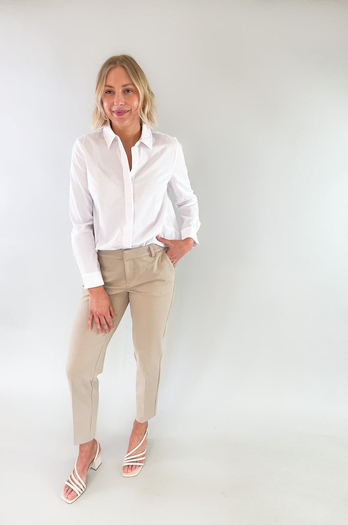 This Hidden Placket Shirt with Pintucks is a stylish classic button up. The white liverpool Los Angeles design is crafted with a hidden placket and pin tuck detailing for a sophisticated look that will complete any ensemble. Pair it with our Kelsey Trousers to recreate the outfit!