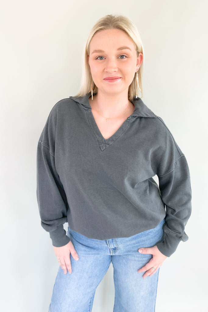 organic cotton soft fleece pullover with v neckline and collared details