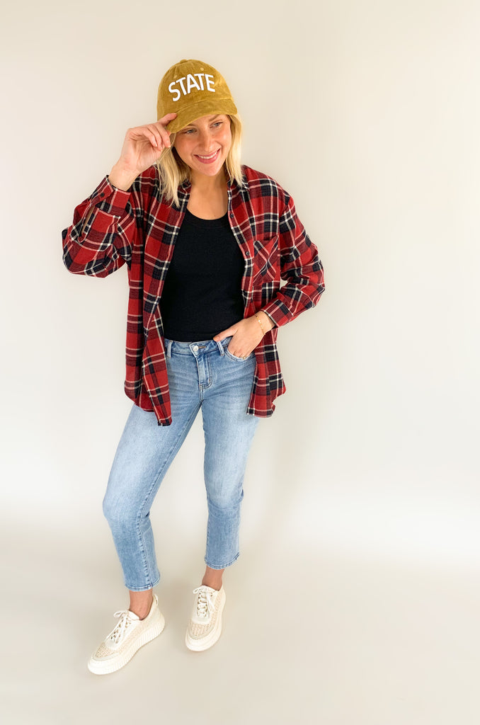 Show your Iowa State pride in style with this STATE ISU Embroidery Corduroy Baseball Cap. Showing your school spirit has never been this cute and comfy--it's made from soft corduroy and embroidered with the word "STATE" so everyone will know who you're rooting for. Go Cyclones!