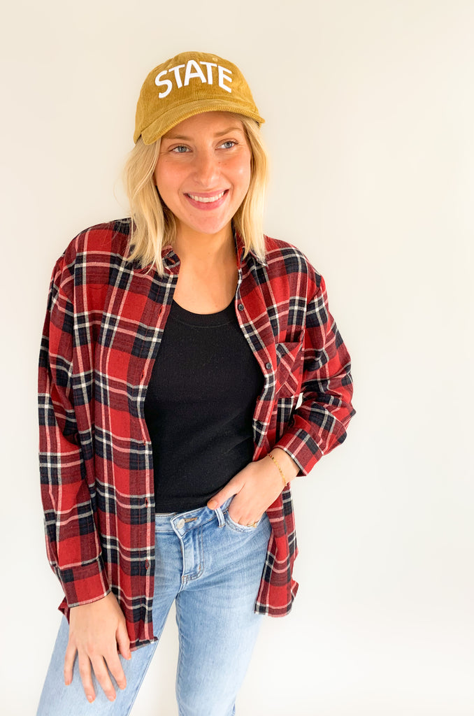 Show your Iowa State pride in style with this STATE ISU Embroidery Corduroy Baseball Cap. Showing your school spirit has never been this cute and comfy--it's made from soft corduroy and embroidered with the word "STATE" so everyone will know who you're rooting for. Go Cyclones!