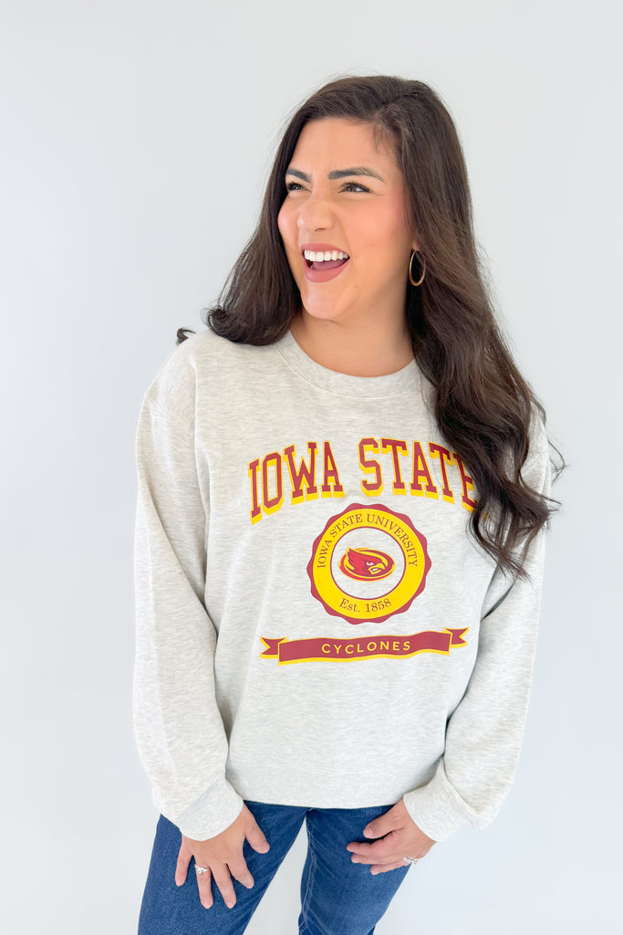 The Iowa State Old School Crew Sweatshirt is the ultimate combination of vintage style and comfort! Enjoy a cozy fleece interior and an eye-catching Iowa State logo in vintage lettering on the front. Show off your Cyclone pride with this unique sweatshirt, or gift one to your favorite alumni!