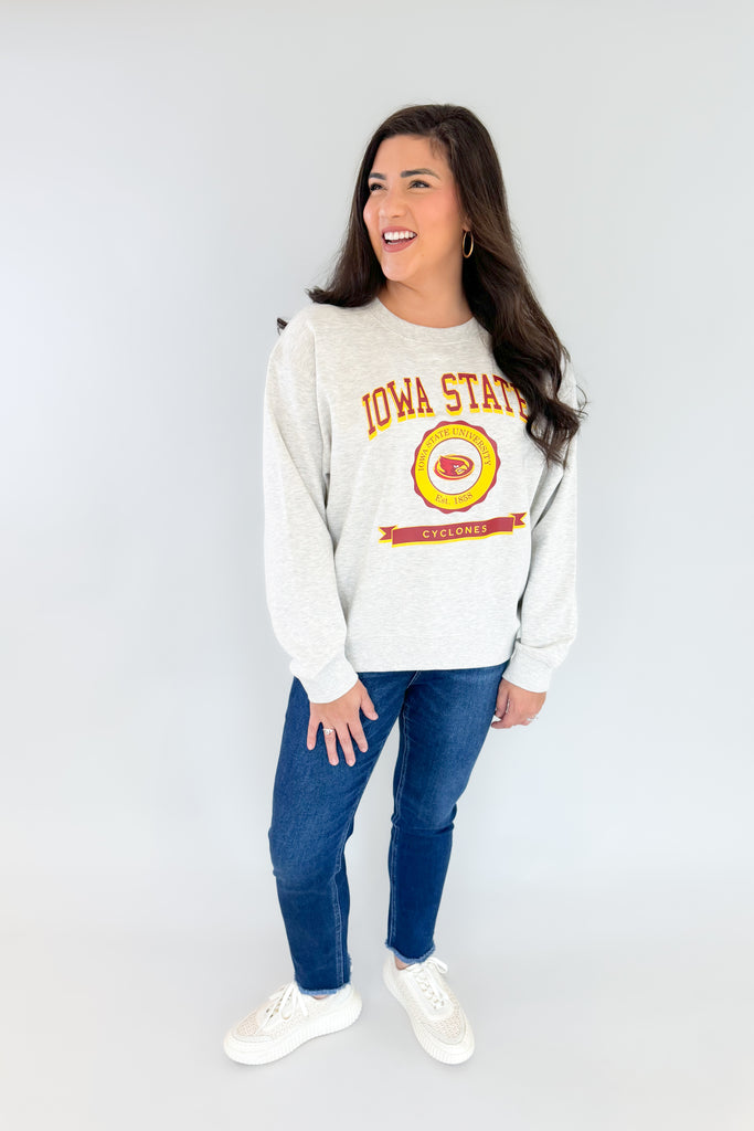 The Iowa State Old School Crew Sweatshirt is the ultimate combination of vintage style and comfort! Enjoy a cozy fleece interior and an eye-catching Iowa State logo in vintage lettering on the front. Show off your Cyclone pride with this unique sweatshirt, or gift one to your favorite alumni!