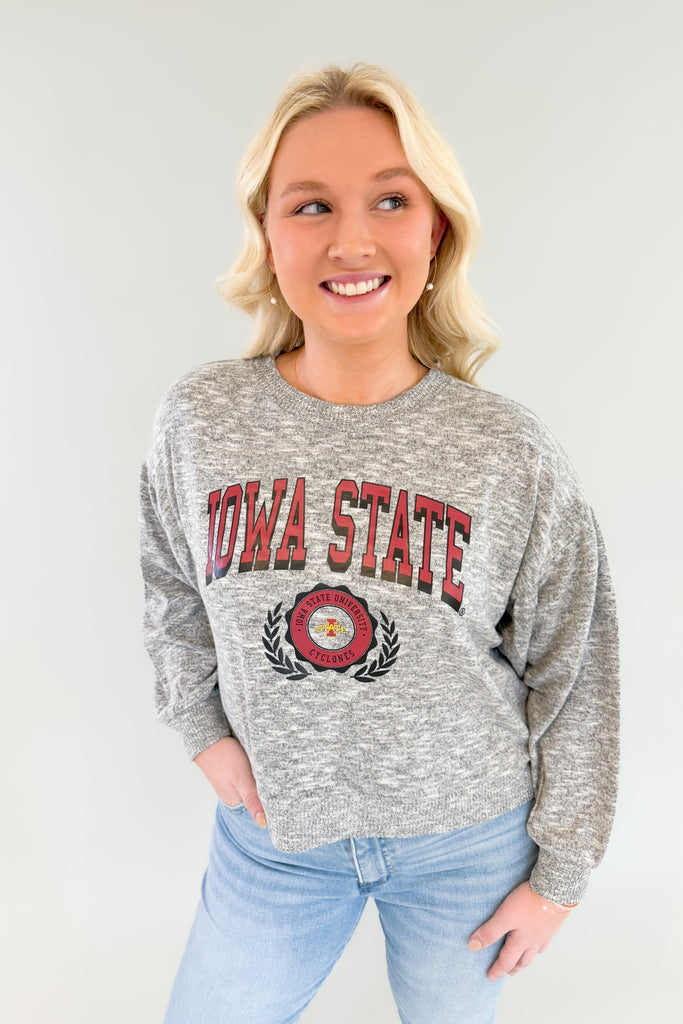Stay cozy and game day ready with this Iowa State Soft Heather pullover! Featuring puff sleeves, a heatherd grey wash, and a subtle logo on the chest, this pullover is perfect for on-campus strolls or at-home lounging. The fabric is incredibly soft and lightweight, making it a comfortable option. We love the puff sleeve details too, giving this style a unique feminine look! 