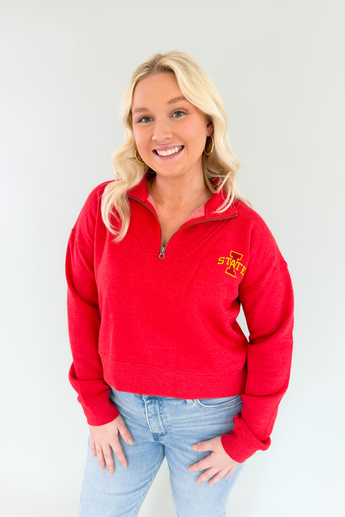 Stay game day ready in this cozy in this Iowa State Red Halftime Quarter Zip, featuring an ultra-soft lining and medium weight fabric! A great look for game days and for Cyclones alumni alike, you will be reaching for this favorite red quarter zip again and again.