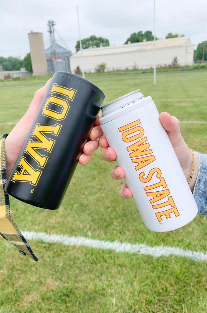 Keep your drinks cool with this Iowa State White/Gold Skinny Can Cooler! Its slim design fits most slim cans, and features "Iowa State" printed in white and gold. A great way to show your school pride this fall!