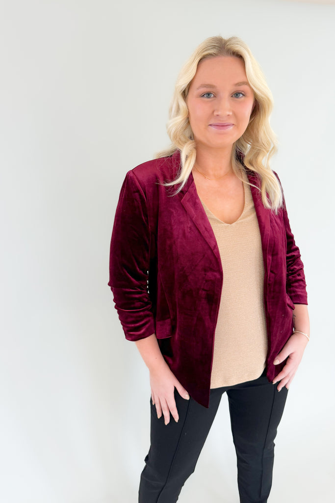The Iris Velvet Blazer is a must-have! It is perfect for making a statement and hits the 70s trend we cannot get enough of this year. All of the details elevate this style. Although it is a fitted blazer, it is very stretchy and comfortable. The inside of each blazer has a stunning satin-like fabric with a floral design. It also has ruched 3/4 length sleeves and faux pockets. The Iris is timeless and truly a wow-piece! 