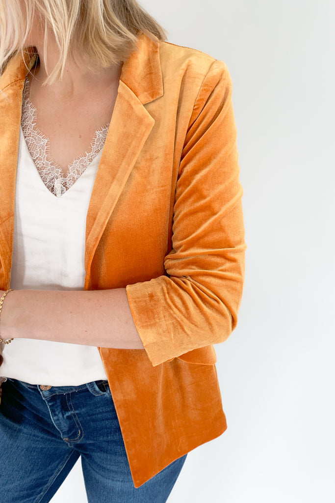 Golden orange 3/4 sleeve ruched velvet blazer with floral satin lining and faux side pockets